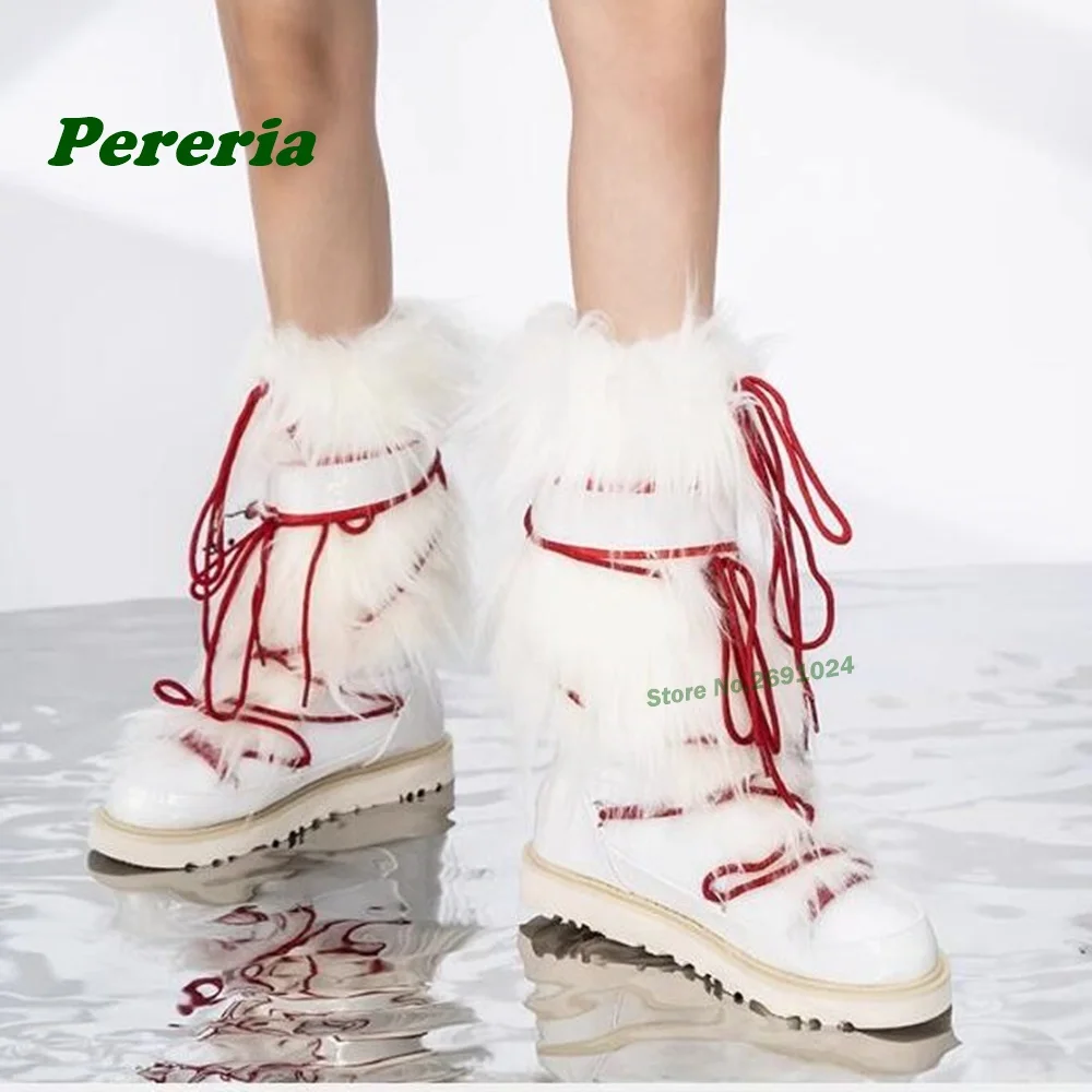 Cute Furry Snow Boots with Warm Lace Up White Thick Soled Women's Winter Boots Plush Platform Height Increasing Mid-Calf Booty