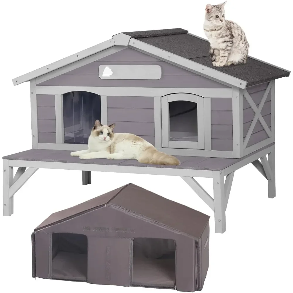 Outdoor Cat House Large Weatherproof Shelter with Insulated Liner for Multiple Cats Condos