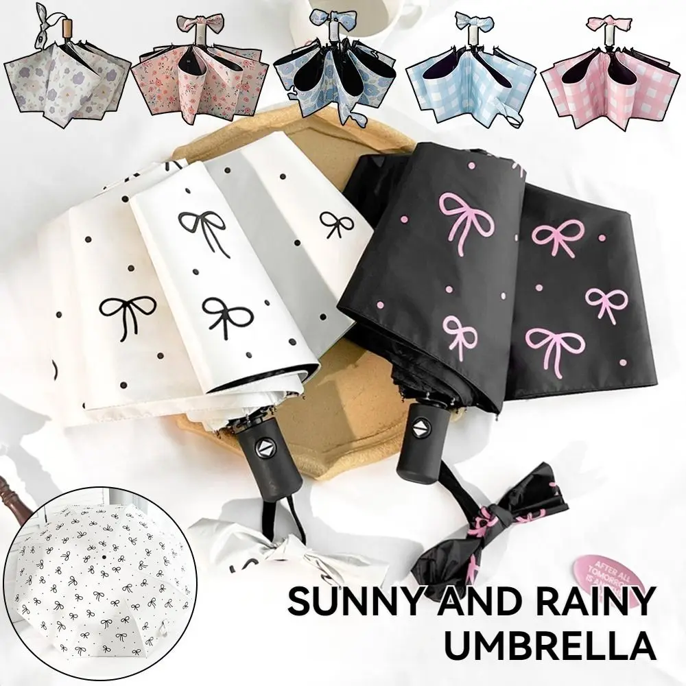 

Ветрозащитный/солнцезащитный автоматический зонт с черным покрытием, защита от ультрафиолета, складной зонт в горошек с бантом, UPF 50+