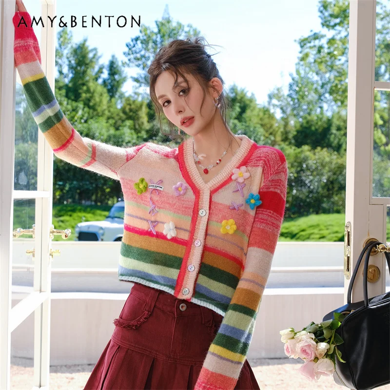 

2025 Spring and Autumn New Colorful V-neck Soft Comfortable Buttoned Embellished Long Sleeve Knitted Short Women's Cardigan