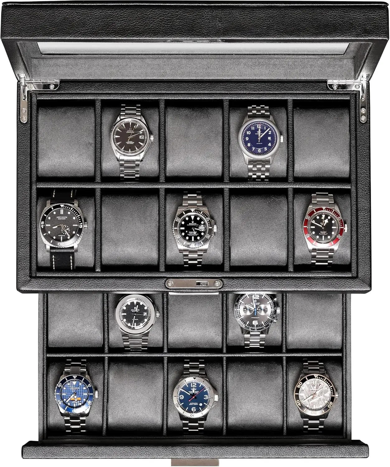 20 Slot Leather Watch Box - Locking Display Case with Real Glass Top, Jewelry Organizer for Men and Women (Black/Grey)