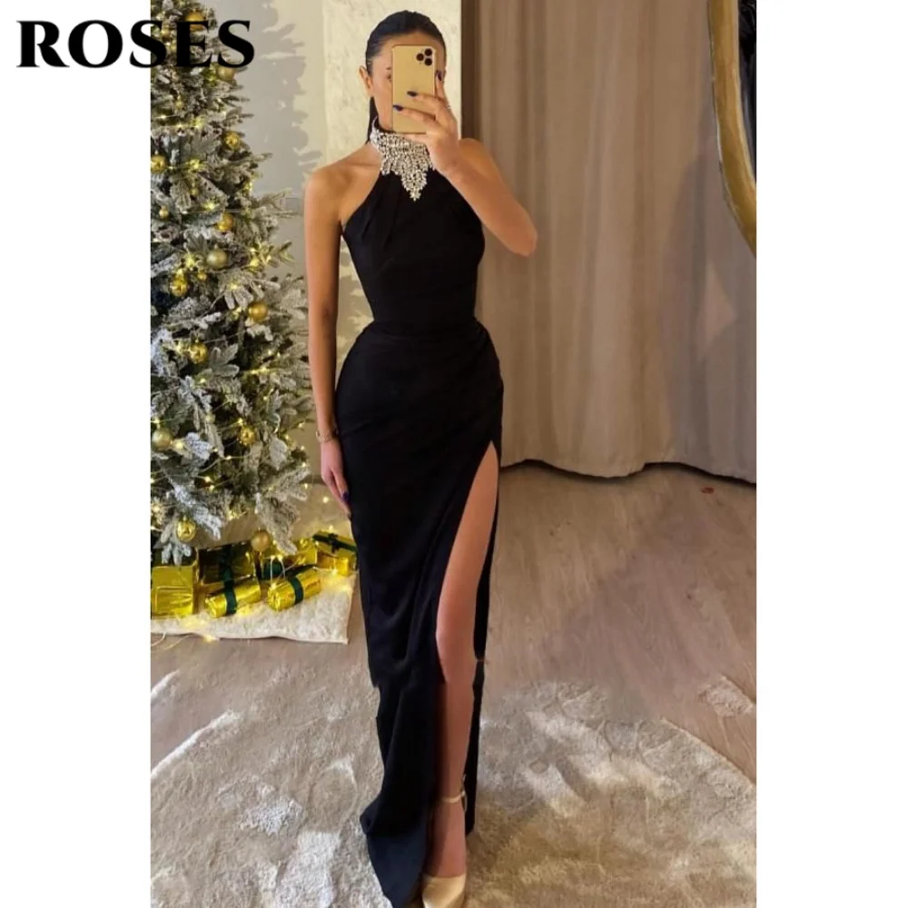 

ROSES Black Elegant Prom Dress Halter Off-Shoulder Evening Gown Satin Side High Split Formal Gown for Woman abiti da cerimonia