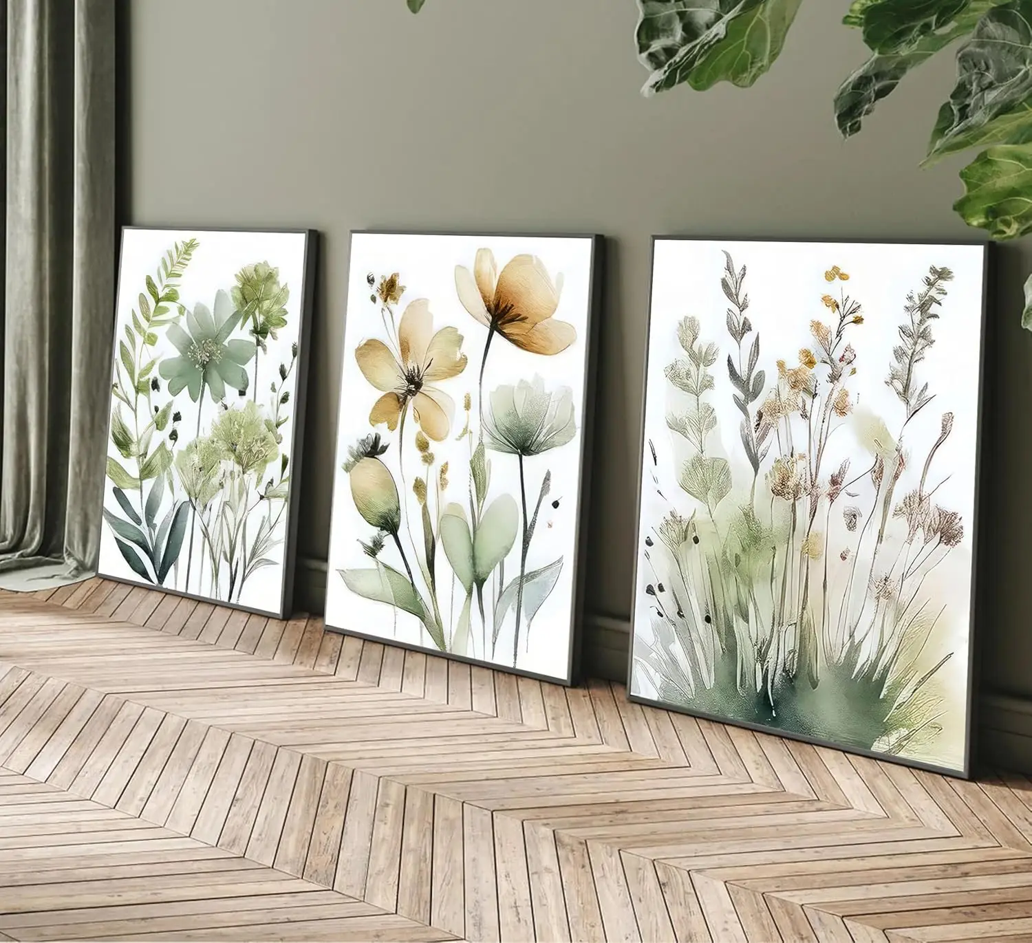 3pcs Minimalist Abstract Green Plant and Flower Canvas Poster Picture Wall Dining Room Living Room