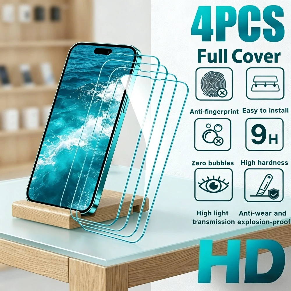 

Комплект из 4 ультрапрозрачных защитных стекол для iPhone 17, 16, 15, 14 Pro Max, Air 17e, 16e, 15, 14 Plus, 13, 12, 11 Pro – Защита экрана от царапин