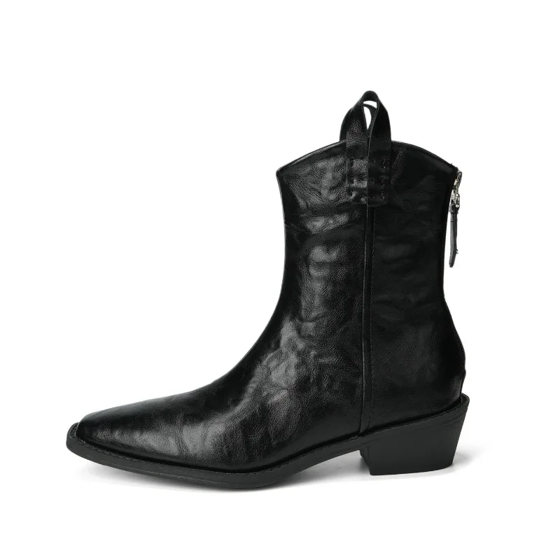 

High Quality Womens Western Cowboy Boots 2026 New Pointed Toe Leather Ankle Boots Ladies Vintage Fashion Casual Streetwear Shoes