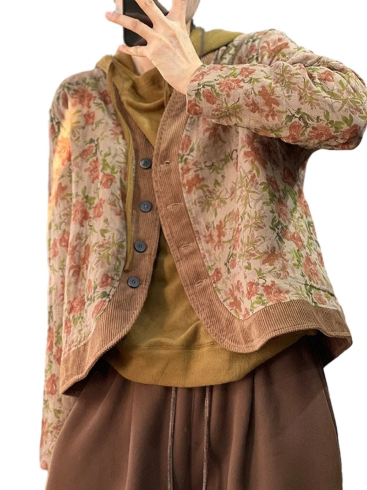Casaco feminino de algodão com estampa floral Jaet, casaco fino de algodão com emenda em V, botão único, longo, ajuste solto, roupa externa de inverno