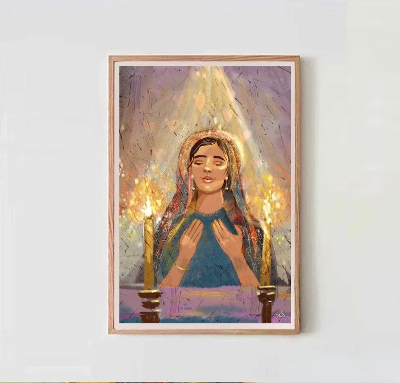 Woman Praying with Candle  Wall Art Israeli Artist Jewish Art Matte Poster Gift Passover Shabbat Candle Jewish Poster