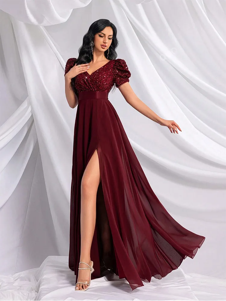 Vestido de noche de lujo con cuello en V de manga corta para mujer, vestido de dama de honor de lujo, vestido de graduación largo hasta el suelo, banquete rojo vino