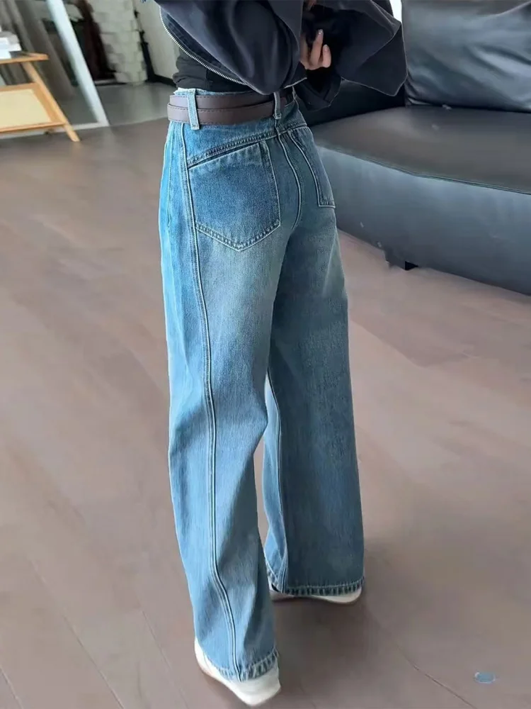 

High Waist Wide Leg Fleece Lined Jeans Women's Loose Straight Cut Comfortable Winter Denim Pants Vintage Style Casual Jeans