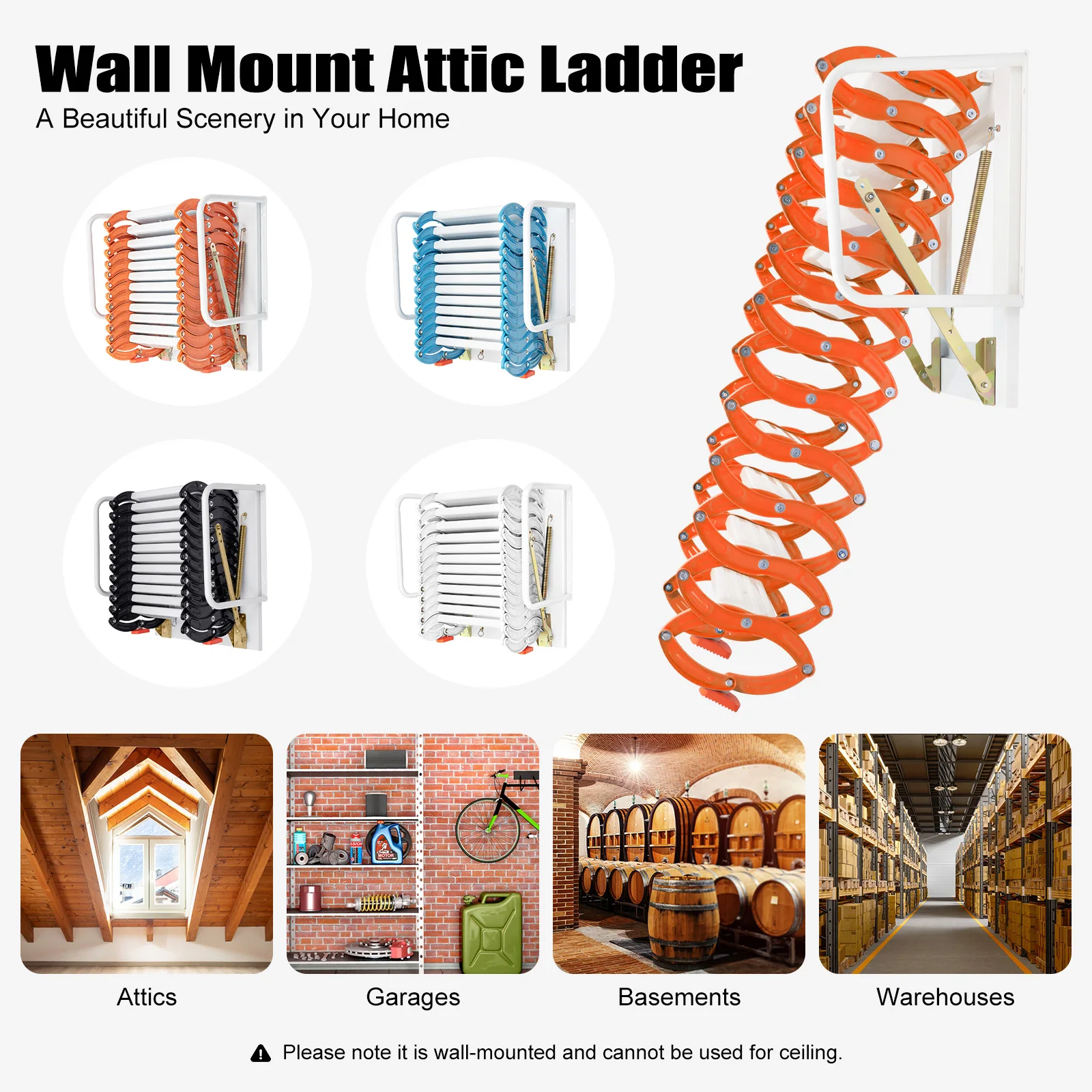 Orange White Folding Attic Ladder 12 Steps 400kg Load Wall Mounted Retractable Loft Ladder for Home Garage Storage