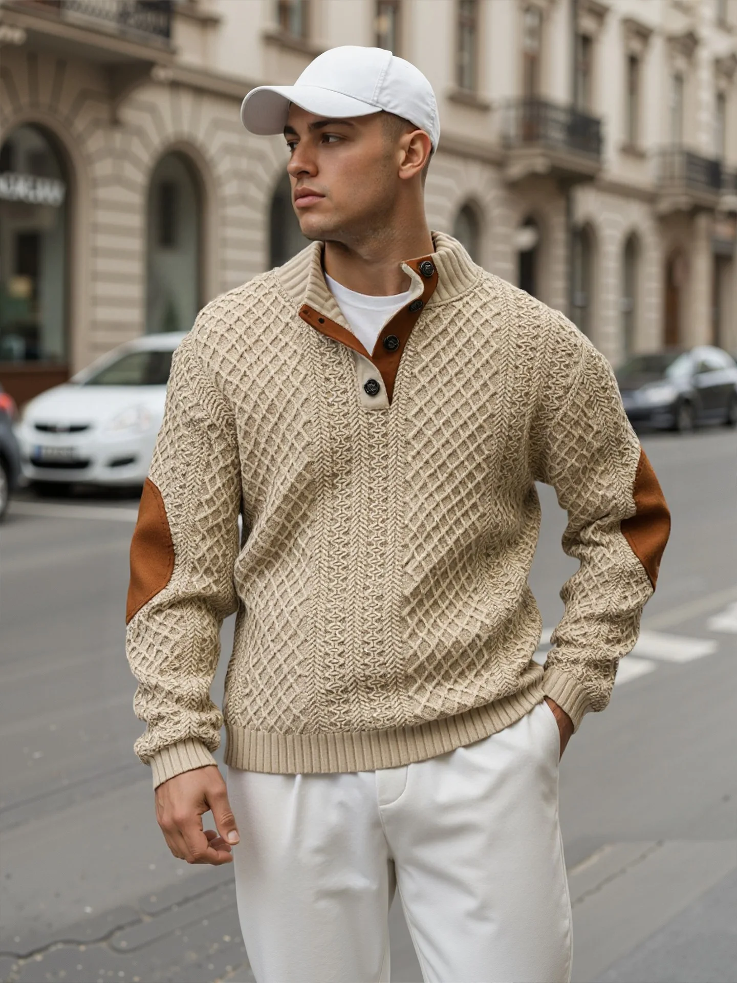 Moletom com capuz de malha masculino primavera e outono jacquard manga longa camisa henley esportes, lazer, roupas masculinas soltas e elegantes