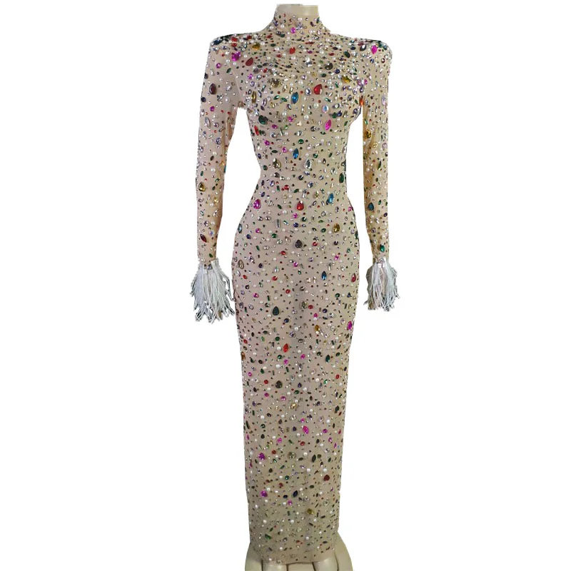 STOCK Fashion Long-Sleeved Evening Party Dress Multi-Color Crystal Pearl Fringed Zipper Detail Elegant Women's Gown Gala Dresses