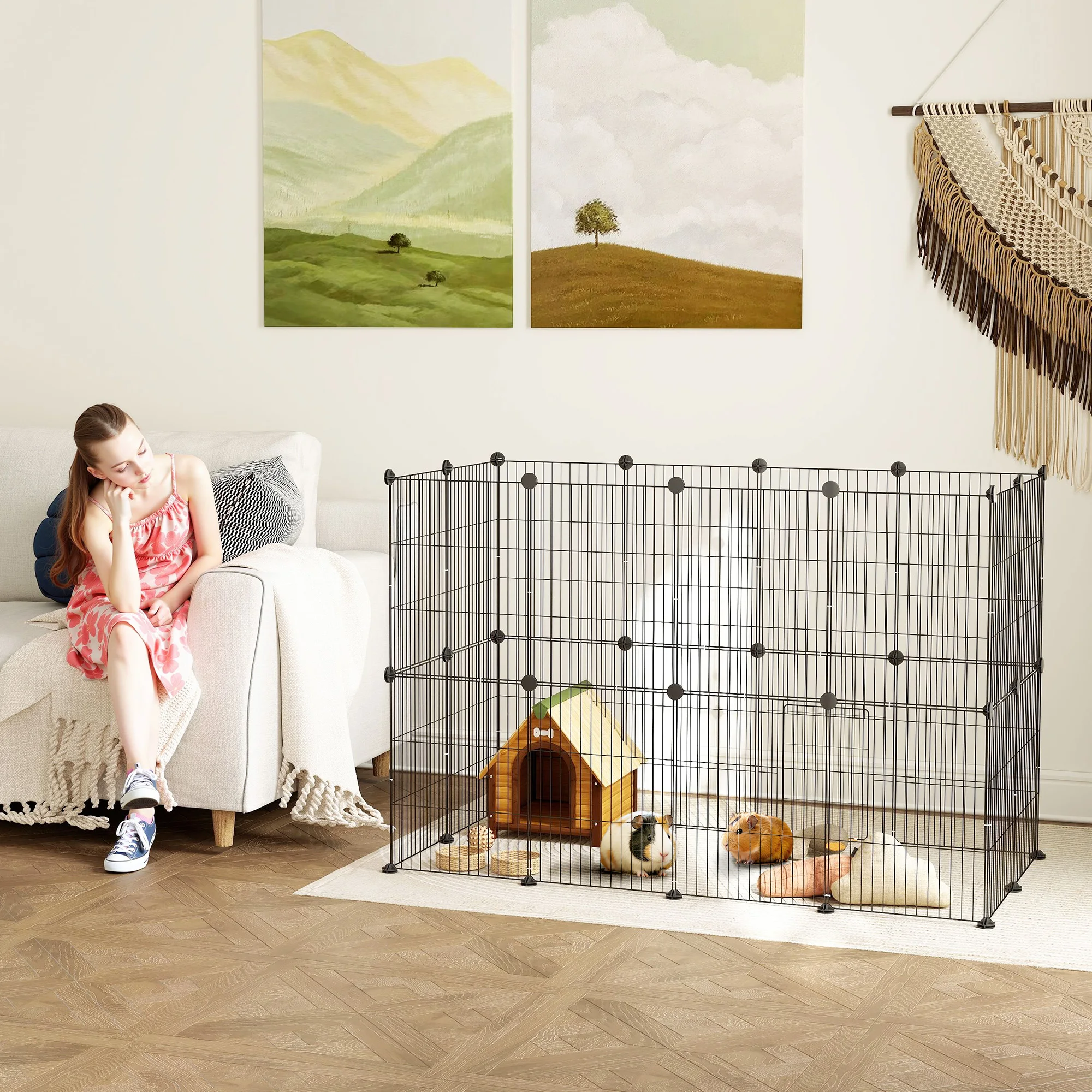 Pawhut Modulaire Dierenverblijf met 24 Stalen Gaaspanelen, Geschikt voor Konijnen, Cavia's en Egel, Elk Paneel 40 X 30 Cm, 120 X 60 X 80 Cm, Zwart