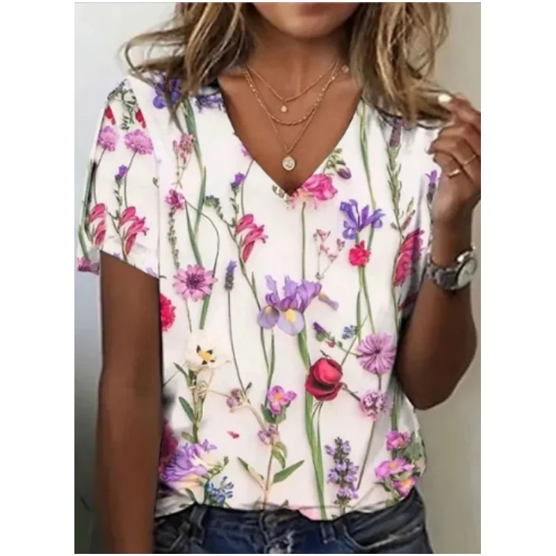 Summer new short sleeved top women's V-neck pullover floral pattern retro style commuting personality street trend women's top