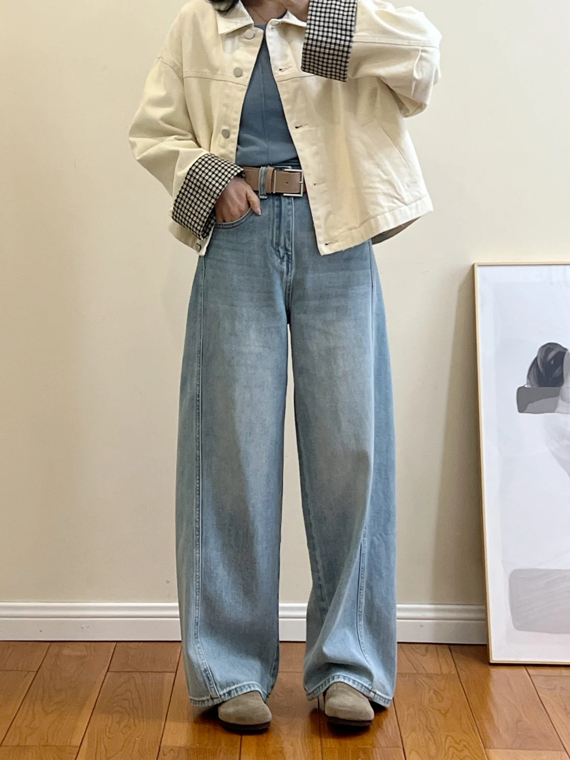 

Женские джинсы с высокой талией и широкими штанинами, весенне-осенние, повседневные, свободного кроя, длинные леггинсы, джинсы-клеш с застежкой-молнией