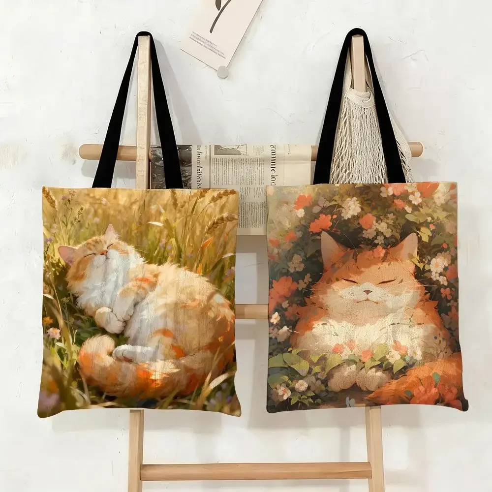Shopping Bags Canvas Printing Cute Lazy Cat Storage Tote Bag Large Capacity Double Sided Reusable Eco Friendly Shoulder Bag