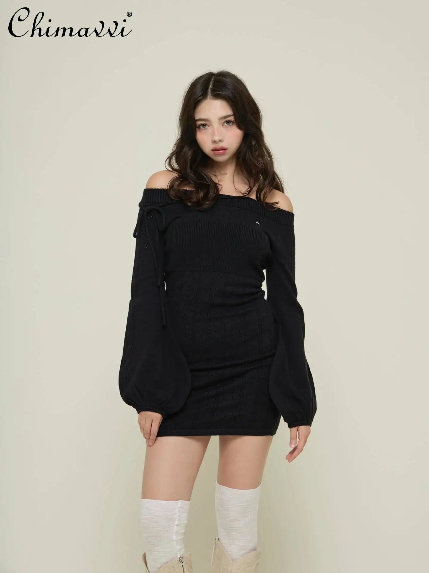 Estilo japonês oco para fora fino ajuste fora do ombro gravata cintura bodycon vestido de malha moda manga longa magro elegante vestido feminino