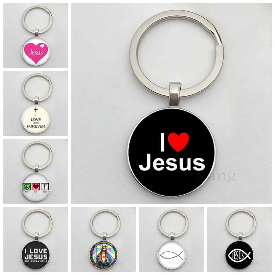 I Love Jesus Logo Fashion Keychain Jesus Pattern Glass Cabochon Car Key Chain Religious Jewelry Prayer Gift