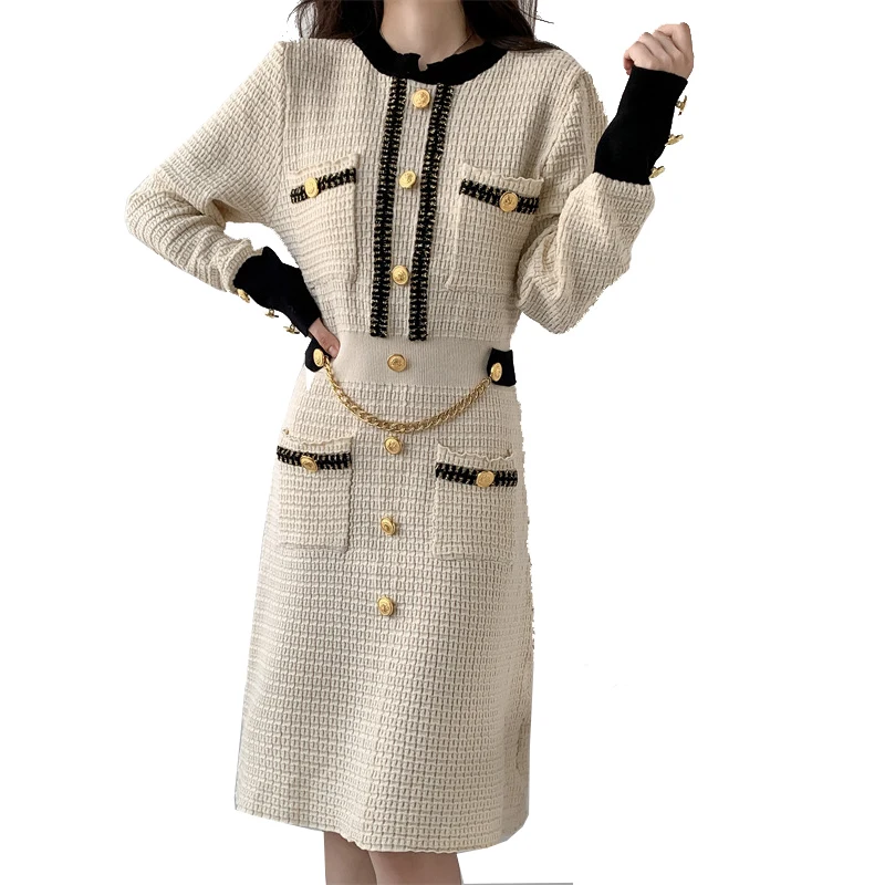 

High end button knitted dress, new spring and autumn round neck long sleeved women's long skirt