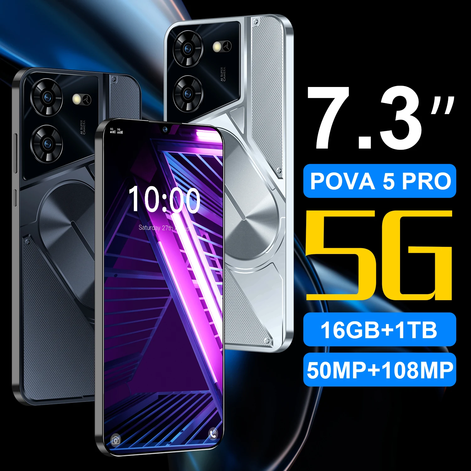 

Original Pova 5 Pro Smartphone Global version 16GB+1TB 7.3'' HD+ Android 13 6800mAh 5G Dual SIM Phone Dimensity 9300 NFC