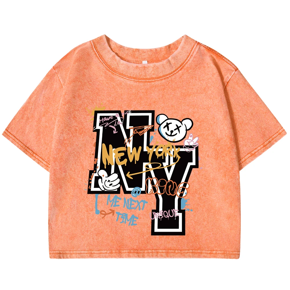 

New York King Printed Female Washed Crop Tee Fashion Casual Tops Retro Breathable Soft T-Short Summer New Women Short Sleeve