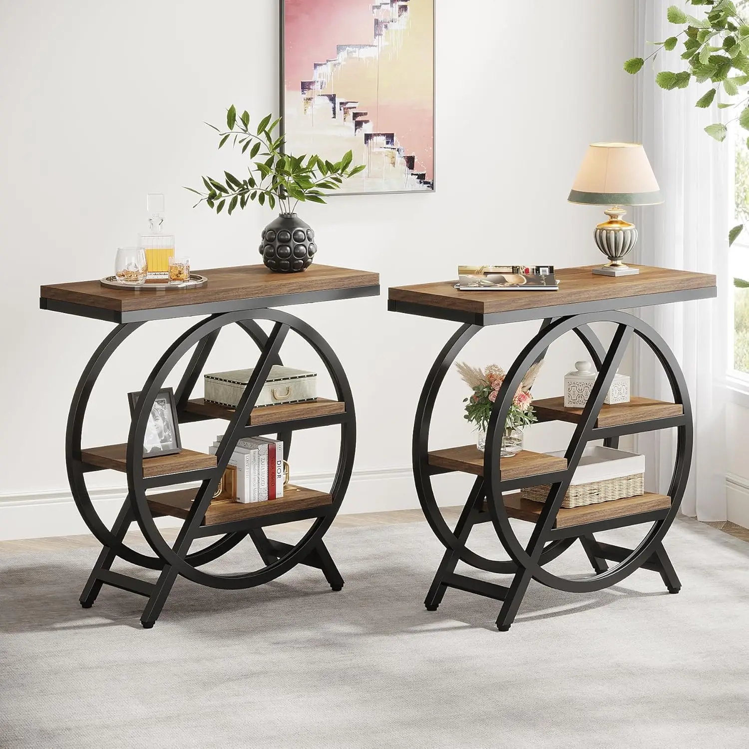 Tribesigns End Table Set Of 2, 3-Tier Narrow Sofa Side Table With Storage For Living Room, Wood End Table With Geometric Metal