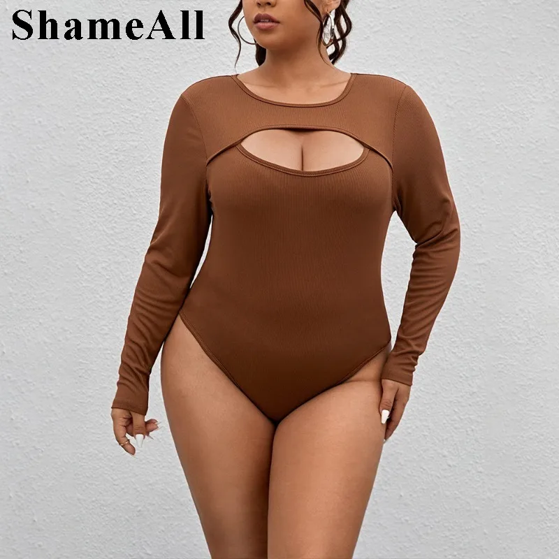 Body ahuecado de manga larga con cuello redondo para mujer, Sexy - Main Image