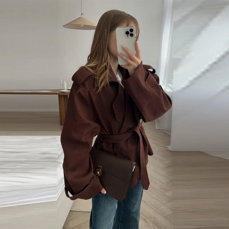 

Повседневные однотонные плащи на шнуровке, женские элегантные свободные куртки с лацканами и длинными рукавами, пояс, осень 2023, новая женская уличная верхняя одежда