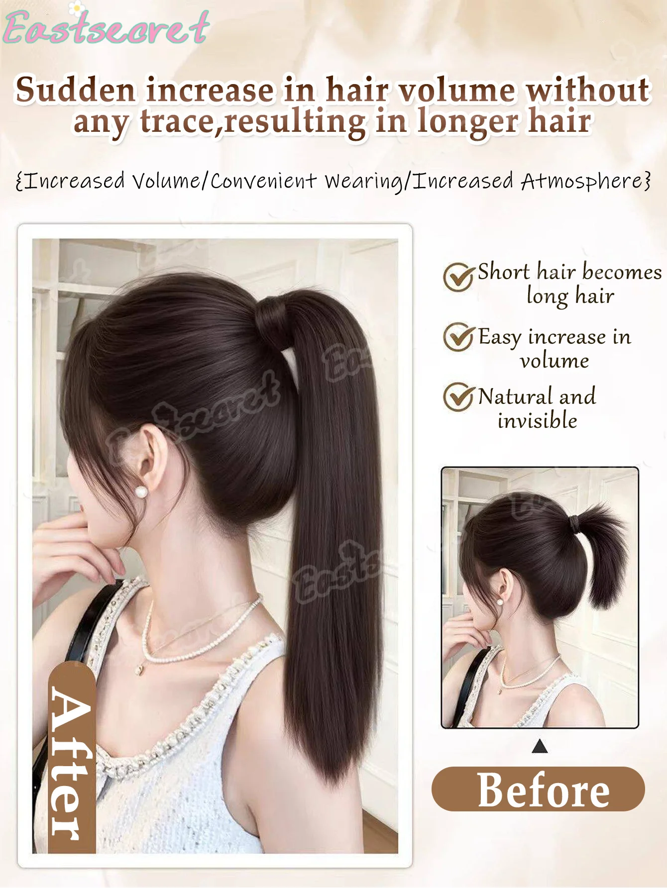 16 Inch Heatproof Long straight hair Synthetic Ponytail Extension With Hook And Loop, Everyday Wear, Wrap-Around Ponytail Wig