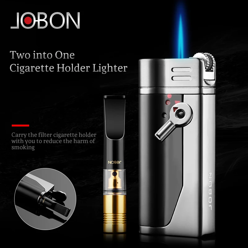 Jobon Jet Flame Zinc Alloy Flint Torch Lighter Butane Gas Refillable With Smoking Tools Accessories Cigarette Holder Filter