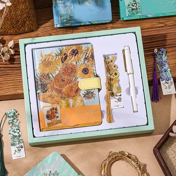 Bonito Notebook Retro com Caixa De Presente, Van Gogh Pintura A Óleo, Página De Cor Ilustração, Capa Dura Diário Estudante Notepad, Caixa De Presente