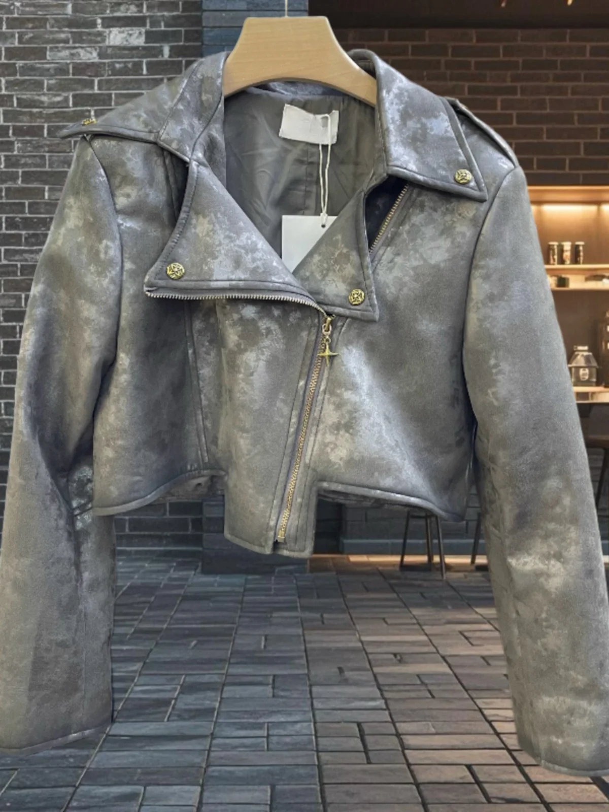 Trendy Gold Embossed Tie Dye Leather Biker Jacket Short Coat Women's Autumn New Style High Waist Asymmetric Zipper Design