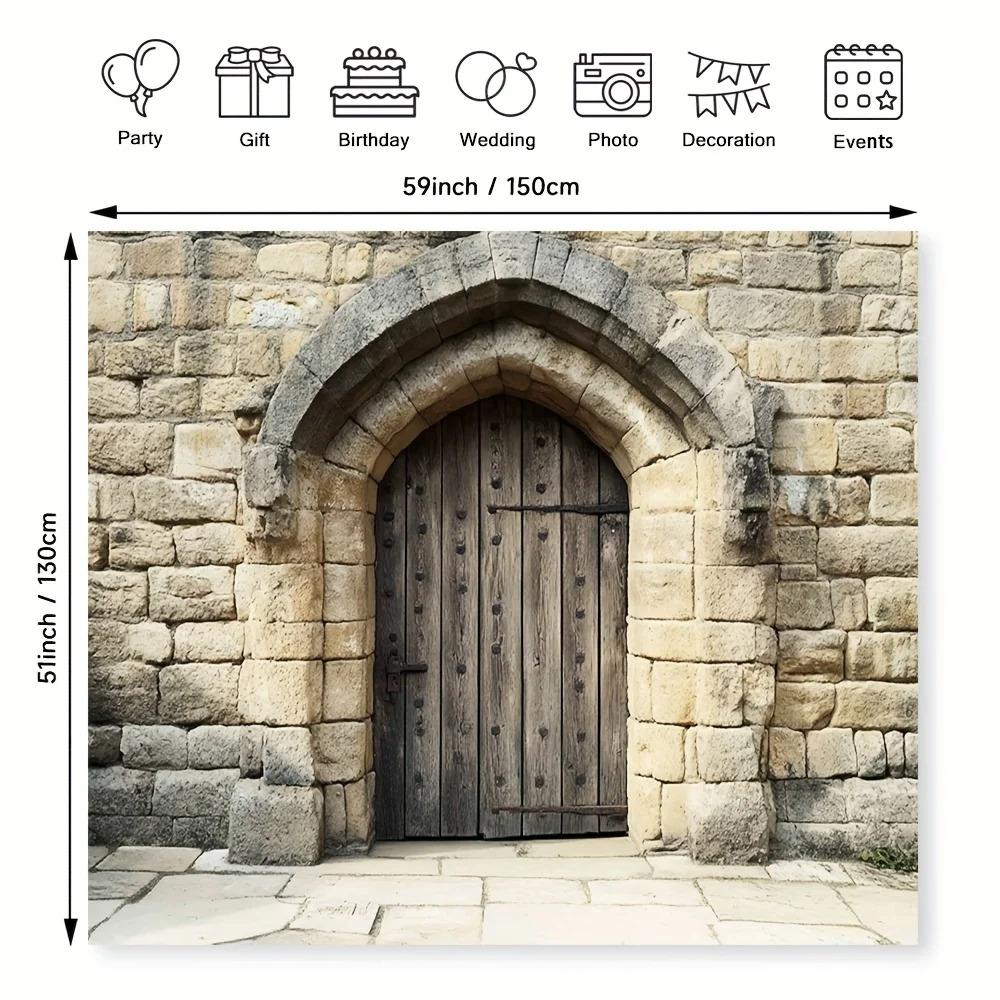 قطعة واحدة من خلفية حائط حجر القدس القديمة - قماش معلق عالي الجودة بتصميم قوس قديم وباب خشبي #4