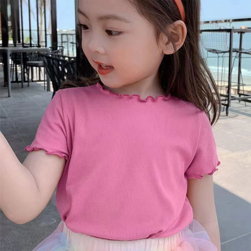 Girls Korean Style Short-sleeved T-shirt Baby Versatile Striped Fashionable Ear Tops For Children And Middle-aged Children