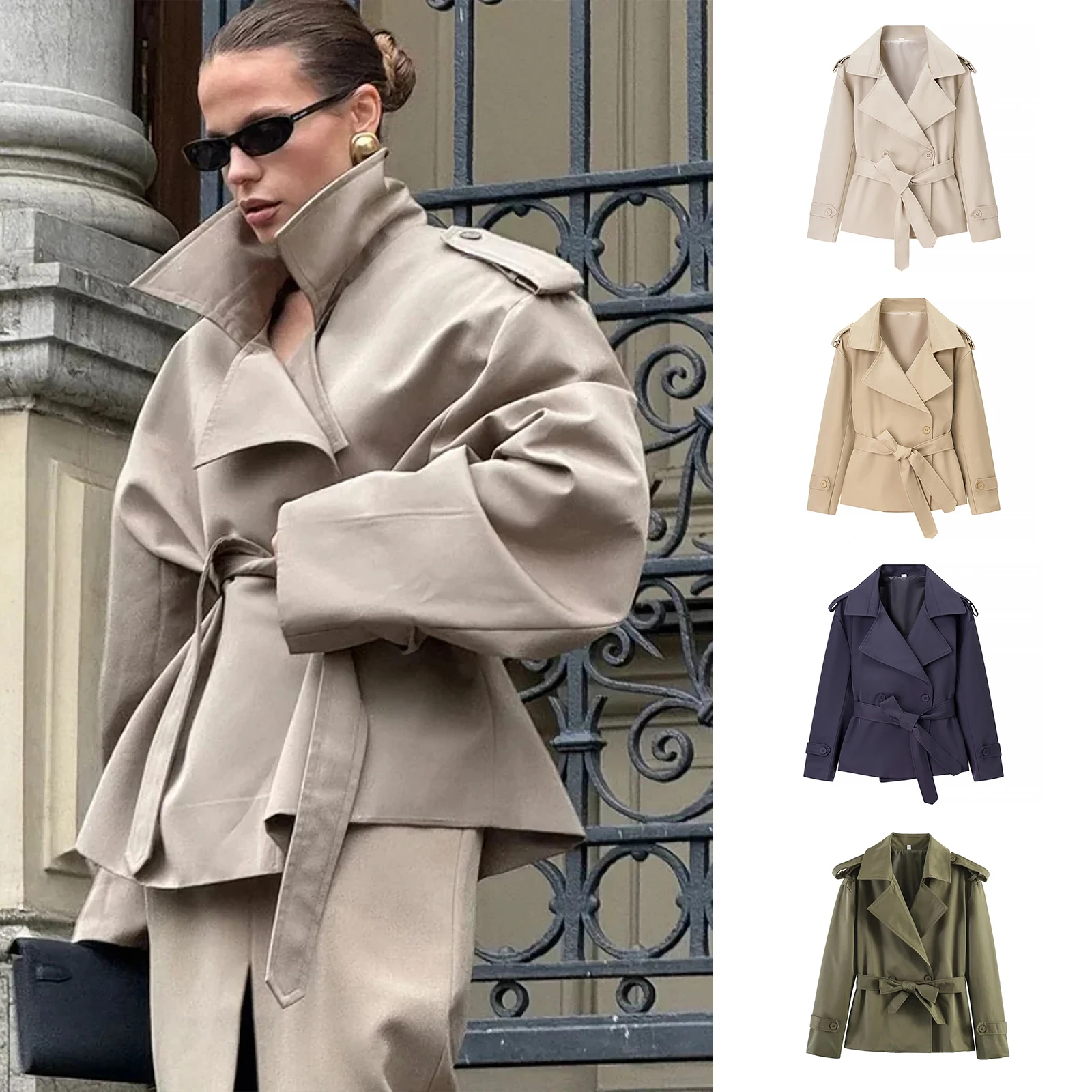 Women Cropped Trench Coat Lapel Shoulder Epaulet Belted Waist Tie Long Sleeve Loose Short Windbreaker Jacket Street Outerwear