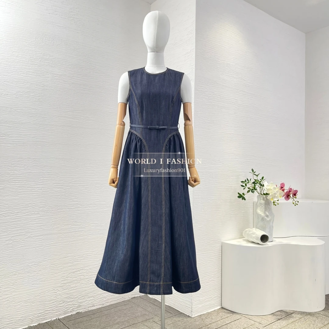 

Pure Cotton Embroidery 2025 High Quality Navy Blue Denim Jeans Sleeveless Midi Dress