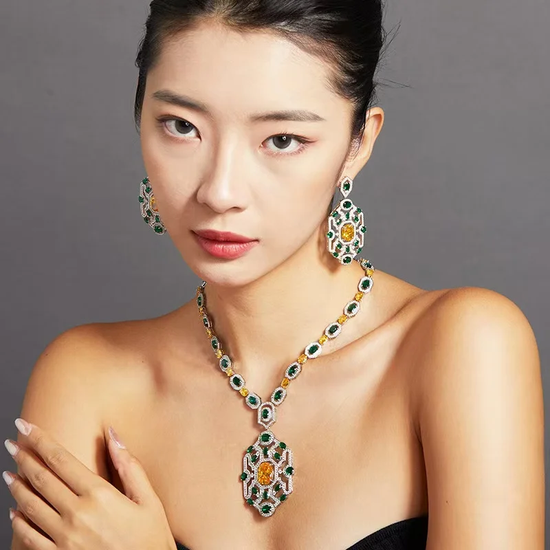 EYER Top Grade Temperament AAA Zircon designer Necklace For Women Luxury Green Drop Earrings Wedding Evening Dress Jewelry Set