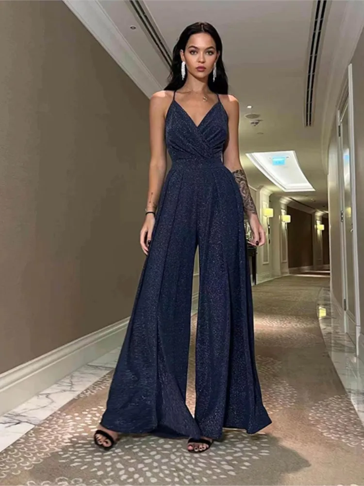 Y2K Sexy Jumpsuit For Women Solid Color Sequin Spaghetti Straps V-neck Wide Leg Jumpsuits Party Dance Office Business Rompers