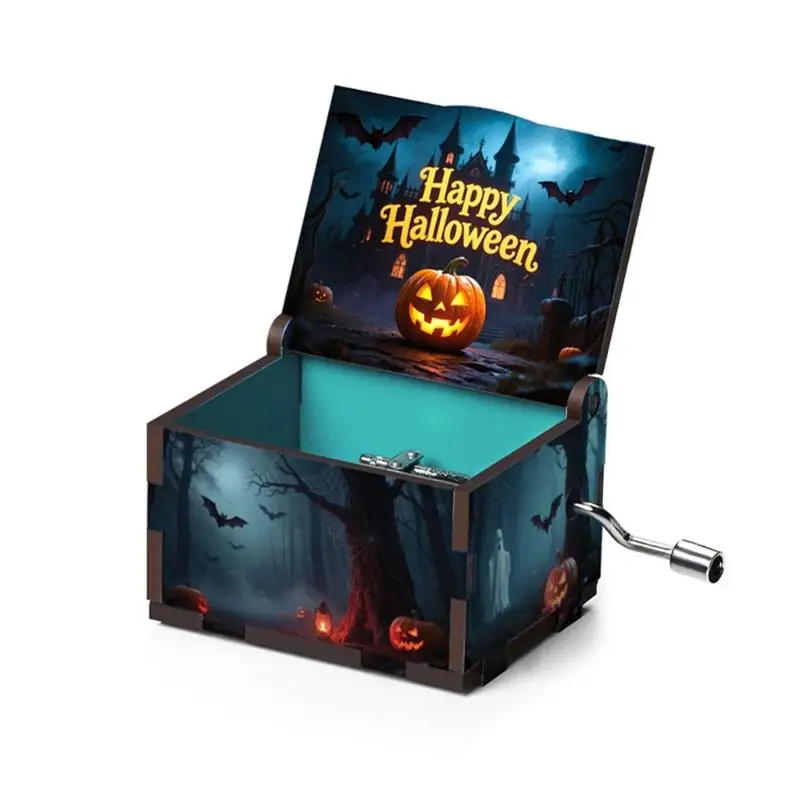 E8BD Hand Crank Wooden Halloween Music Box for Small Gift and Decors Use