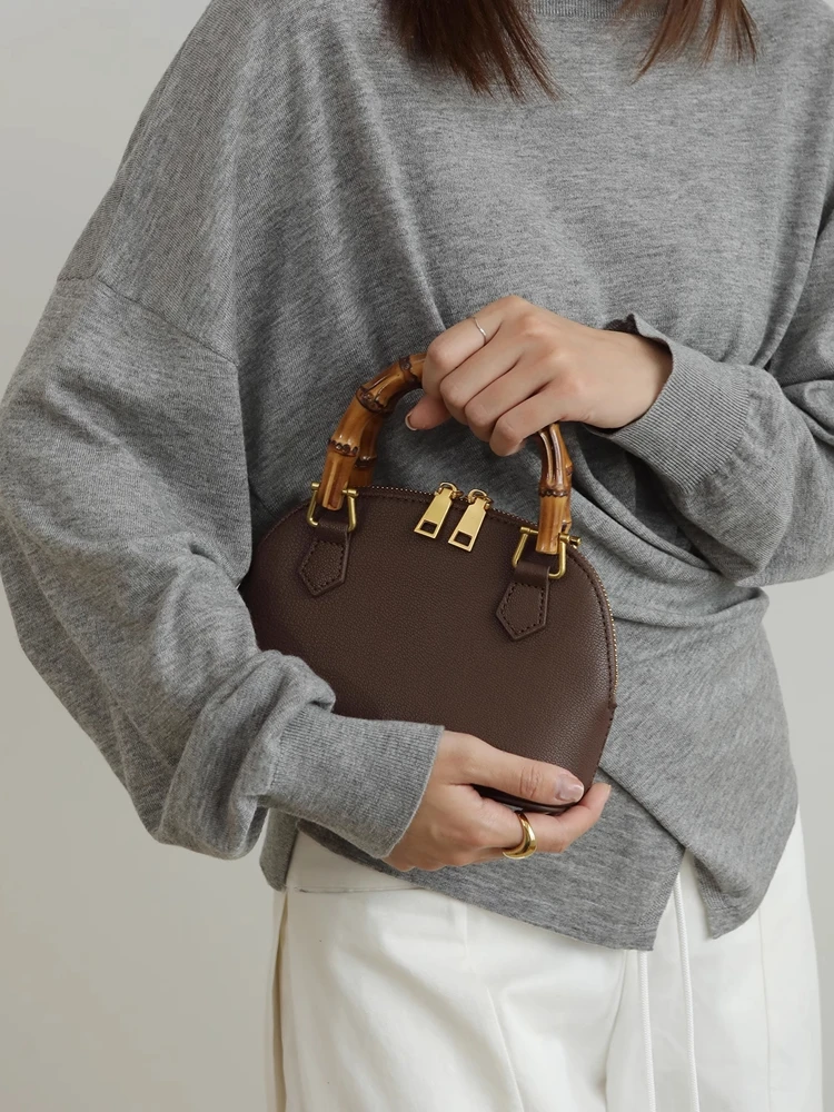 Fashion Retro Cute Simple Shell Bag Genuine Leather Bag\Handbag For Women Real Leather Bowling Bag Shoulder Crossbody Bag Small