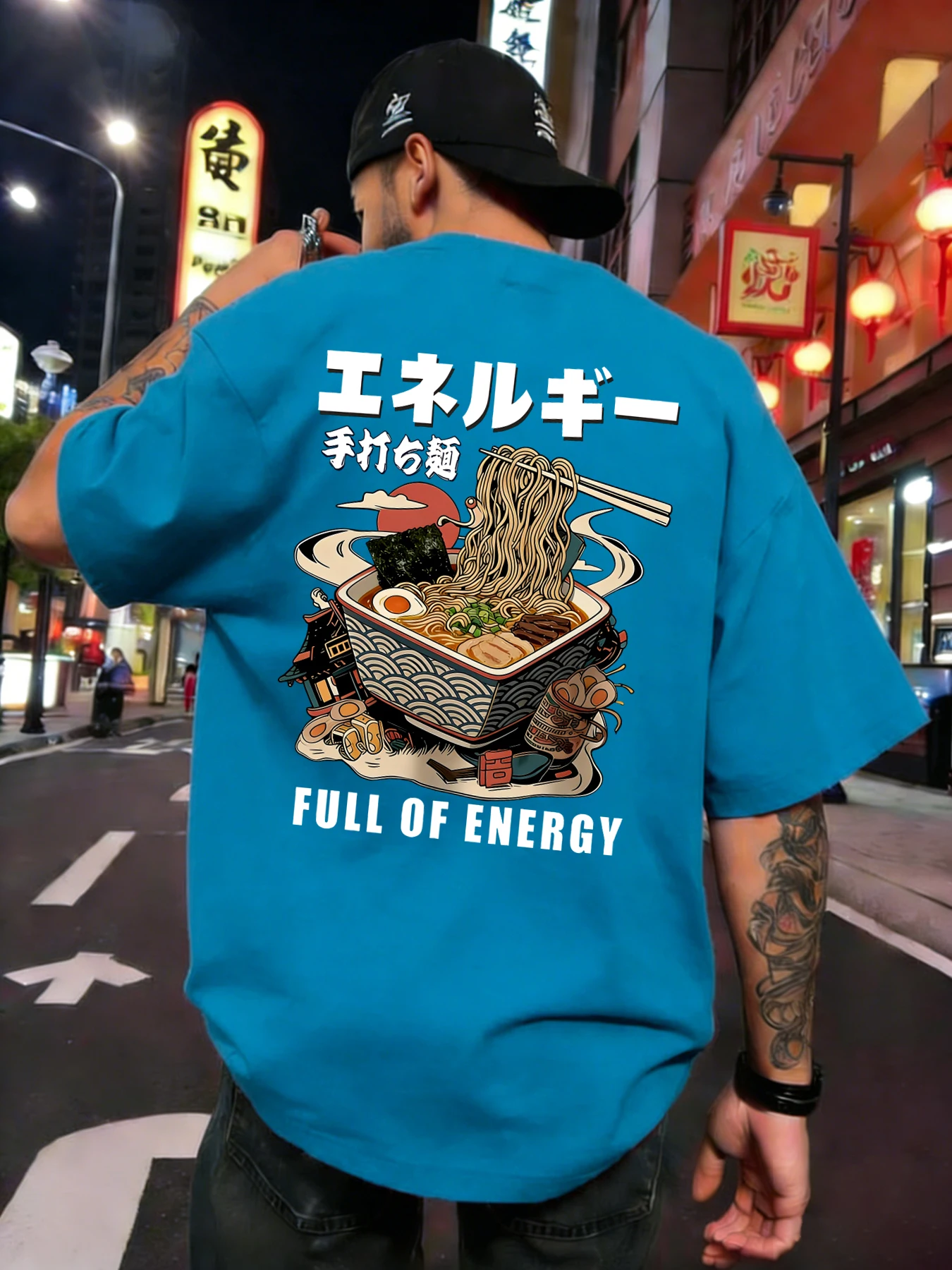 Hot Hand Beating Lamian Noodlesprint Short Sleeve Men Cotton Colour Crewneck T-Shirt All-Match Soft Top Summer Oversized T Shirt
