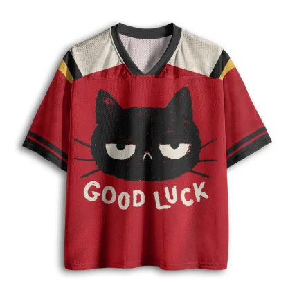 V Neck Mesh Jersey, Grumpy Black Cat Good Luck Vintage Print Short Sleeve Loose Breathable Casual Mesh Jersey