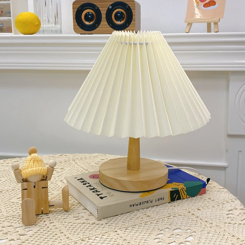 Retro Pleated Table Lamp Korean Wood Dimming Paper Desk Lamp Cute Creative Night Light Bed Lamp Gift for Girlfriend