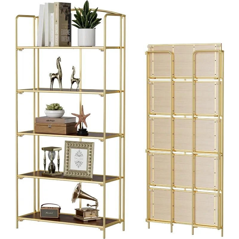 

No Assembly Folding Bookshelf for Living Room,5 Tier Gold Collapsible Book Shelf for Home Office,Portable Bookcase Storage