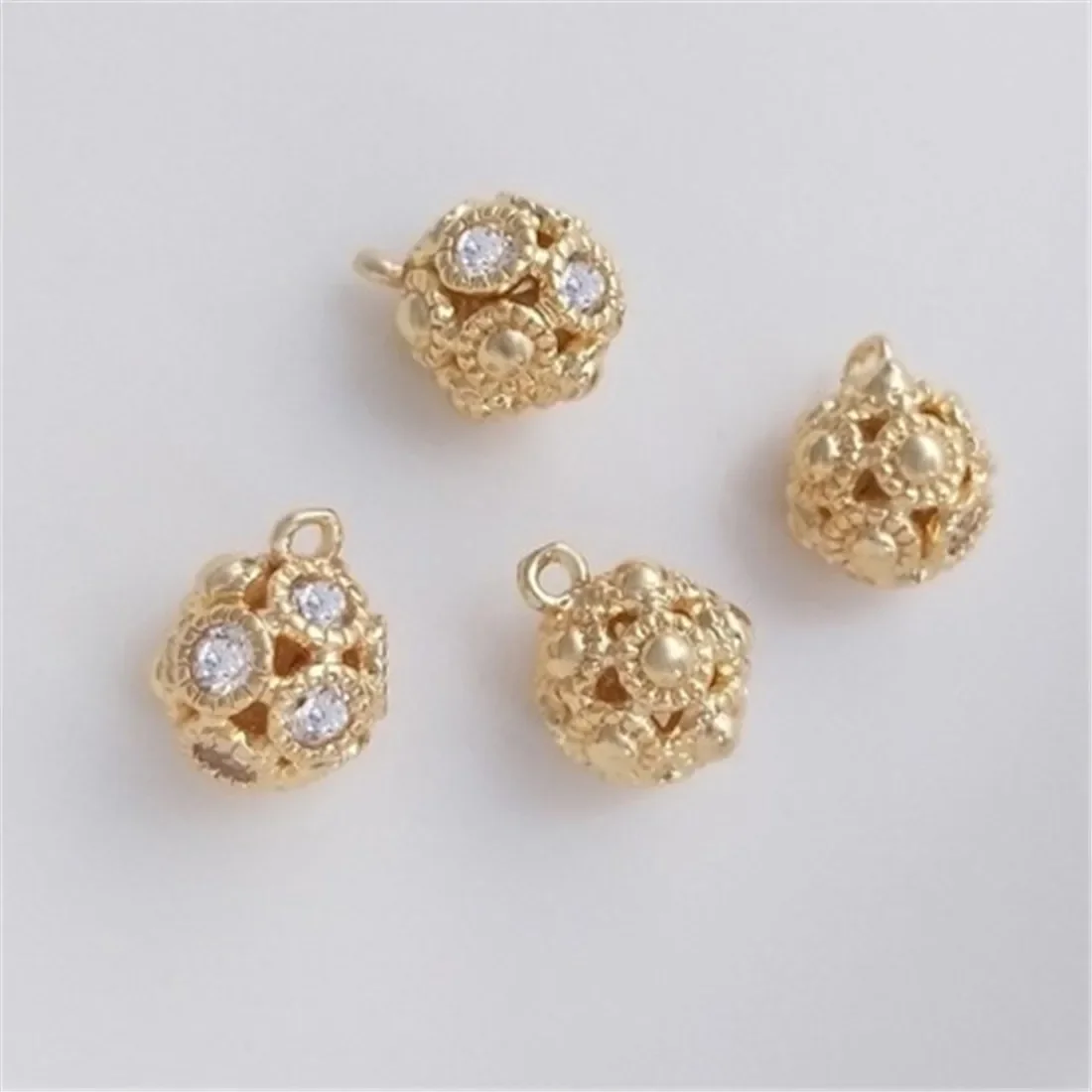 Inlaid Zircon Hanging Beads 14K Gold Wrapped Hollow Hanging Balls Handmade Flower DIY Bracelets Earrings Pendant Accessories