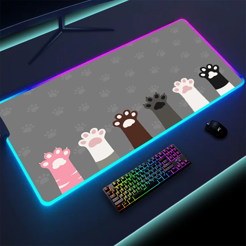 RGB Mousepad Cat Paw Gamer Art Gaming Non-Slip Cute Computer LED Mouse Mat XXL Rubber Keyboard Pad Large Mousepad With Backlit