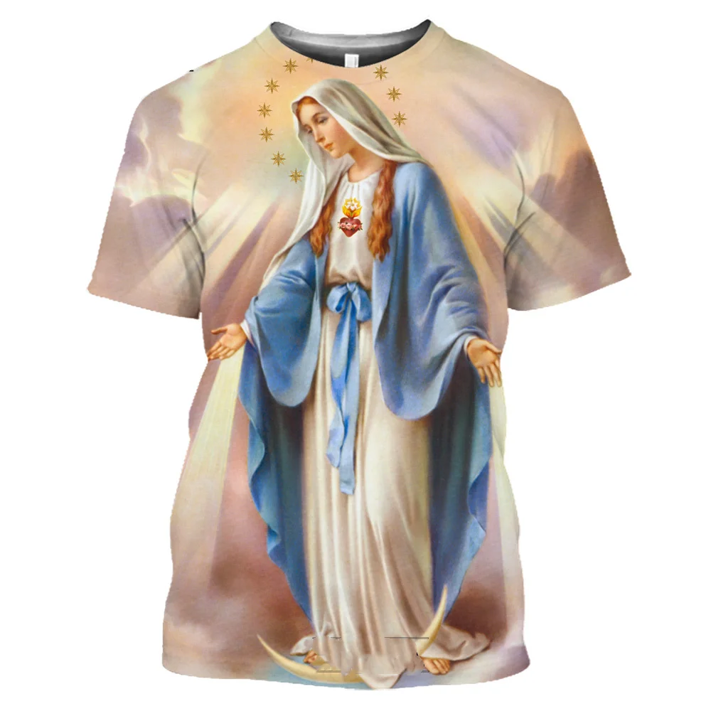 Summer Guadalupe Virgin Mary Catholic 3D Print T-shirt Religious Christianity Women Short Sleeve Oversized T Shirt Men Clothing