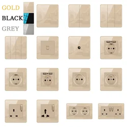86 Type Wall Light Switch On/Off Crystal Tempered Glass Panel 1/2/3/4 gang 1/2 way EU French UK Electrical Wall TV USB Outlets