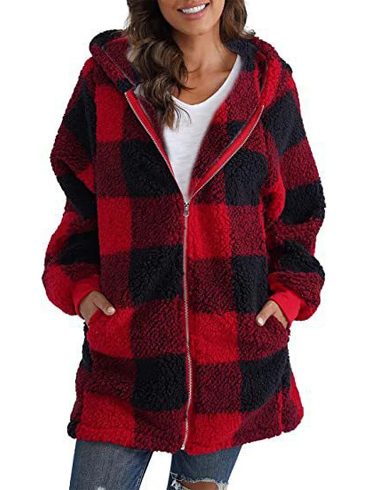 2023 Autumn Winter Plaid Faux Fur Coat Women Teddy Coat Hooded Jackets Female Furry Teddy Bear Plush Jacket Women