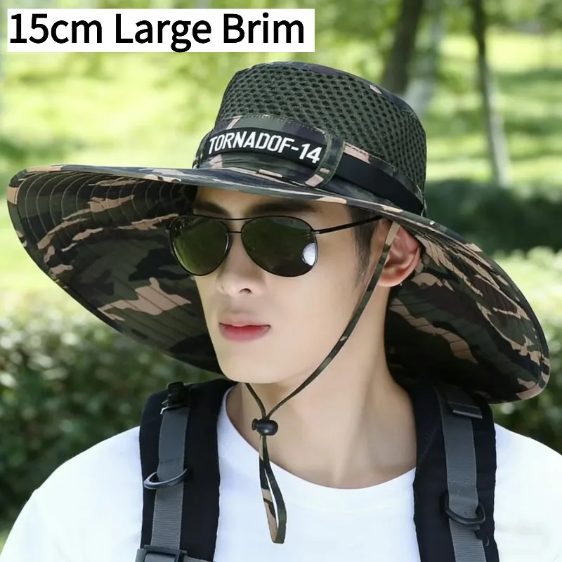Sommerlicher Großer Sonnenhut für Damen und Herren, Atmungsaktive Anglermütze mit UV-Schutz, Netz-Fischerhut für Wandern, Outdoor und Strand